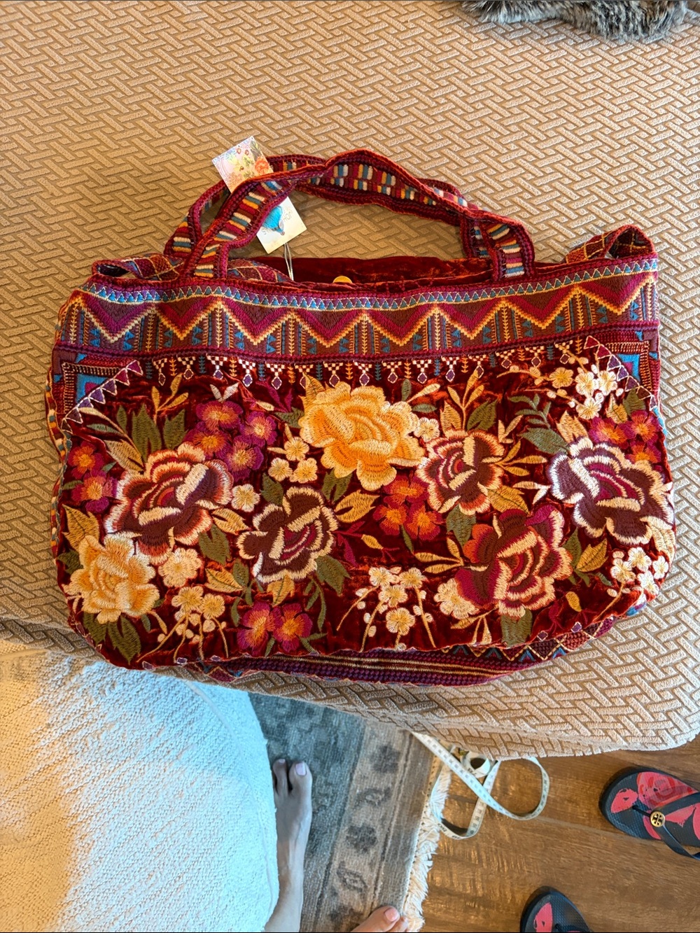 Johnny Was Embroidered Floral Velvet Tote in Burgundy and Gold